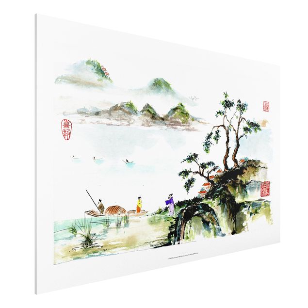 Bilder auf Hartschaumplatte Japanische Aquarell Zeichnung See und Berge