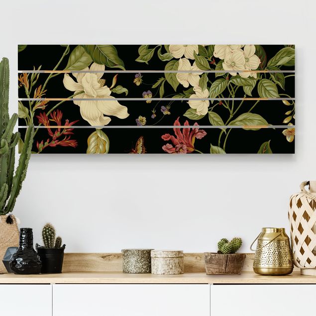 Wandbild Holz Vintage Gartenblumen auf Schwarz II