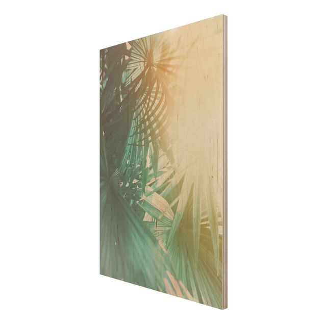 Holzbilder modern Tropische Pflanzen Palmen bei Sonnenuntergang