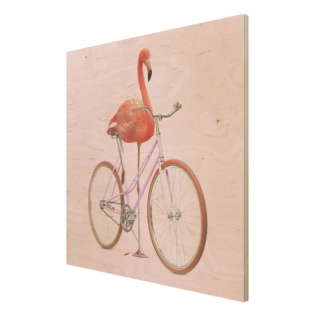Holzbild - Jonas Loose - Flamingo mit Fahrrad - Quadrat 1:1