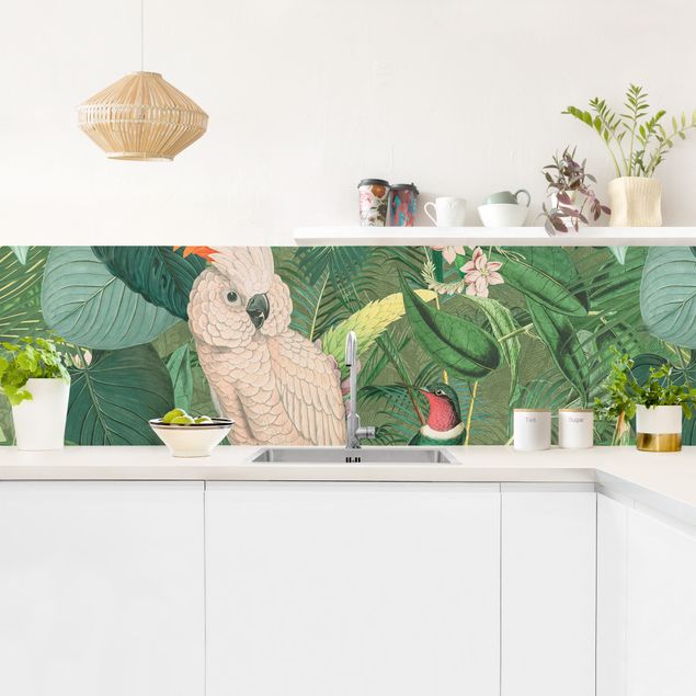 Glasrückwand Küche Blumen Vintage Collage - Kakadu und Kolibri