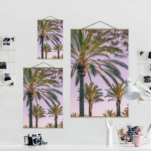 Stoffbild mit Posterleisten - Palmen im Sonnenuntergang - Hochformat 2:3
