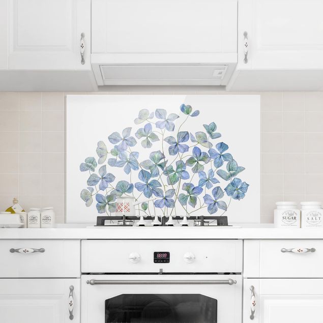 Küchenrückwand Glas Blumen Blaue Hortensienblüten