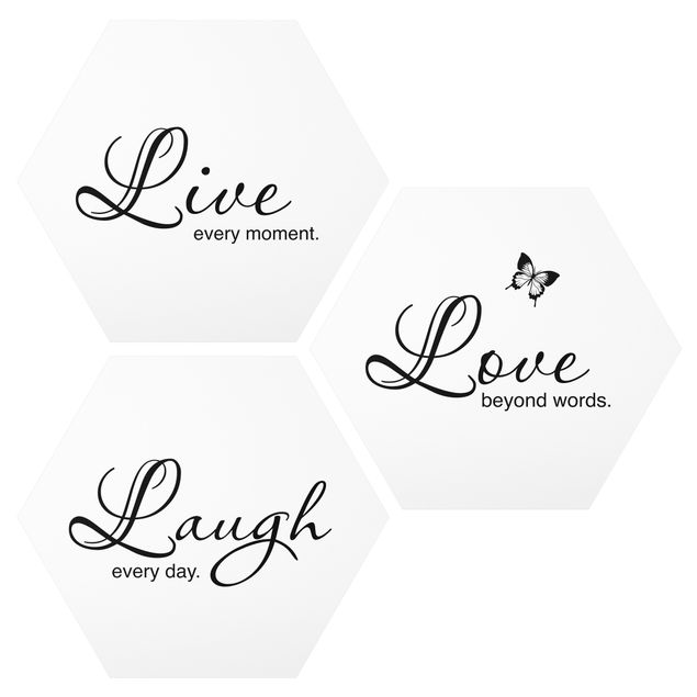 Hexagon Bild Alu-Dibond 3-teilig - Live Laugh Love