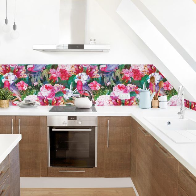 Küchenrückwand Gräser Bunte Tropische Blumen mit Vögeln Pink II