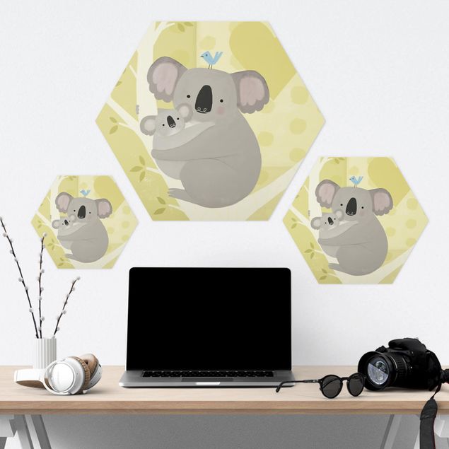 Hexagon Bild Alu-Dibond - Mama und ich - Koalas
