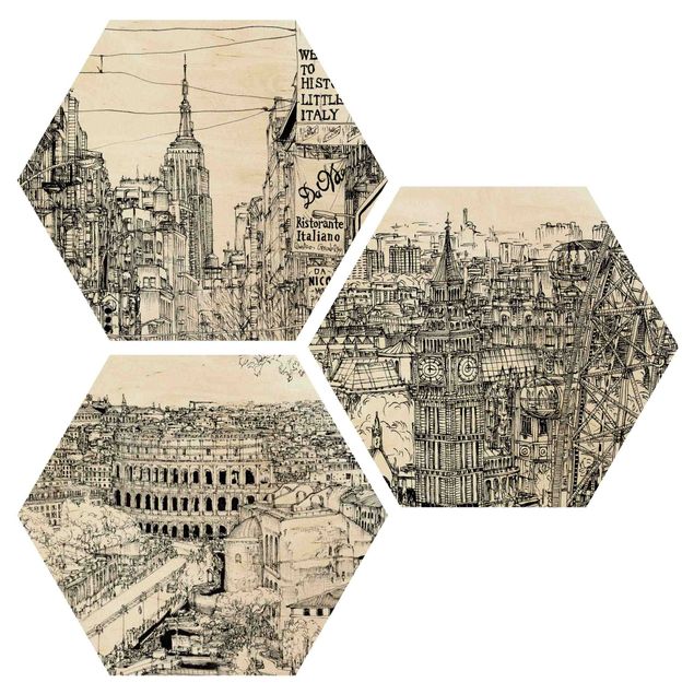 Hexagon Bild Holz 3-teilig - Stadtstudien - New York - London - Rom
