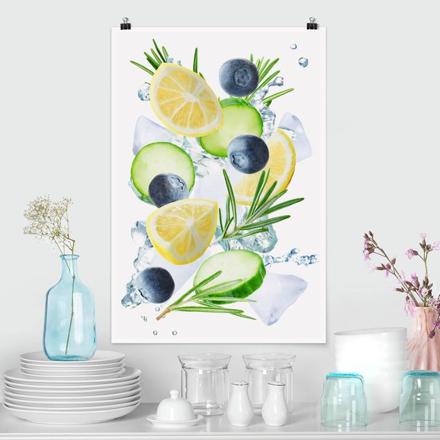Schöne Wandbilder Blaubeeren Zitronen Eiswürfel Spash