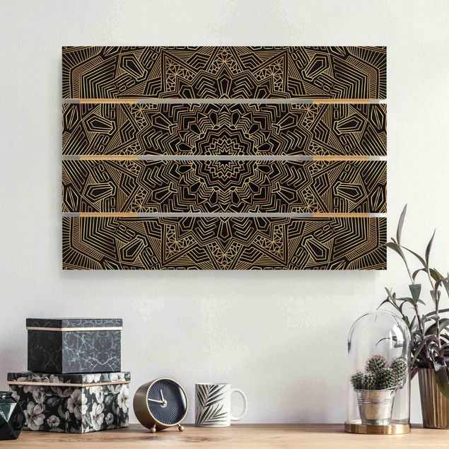 Holzbilder modern Mandala Stern Muster gold schwarz