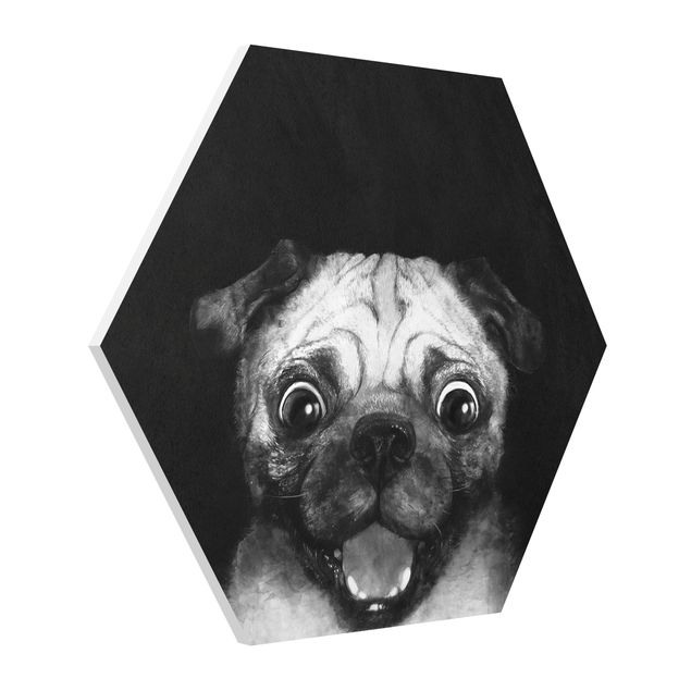 Hexagon Wandbilder Illustration Hund Mops Malerei auf Schwarz Weiß