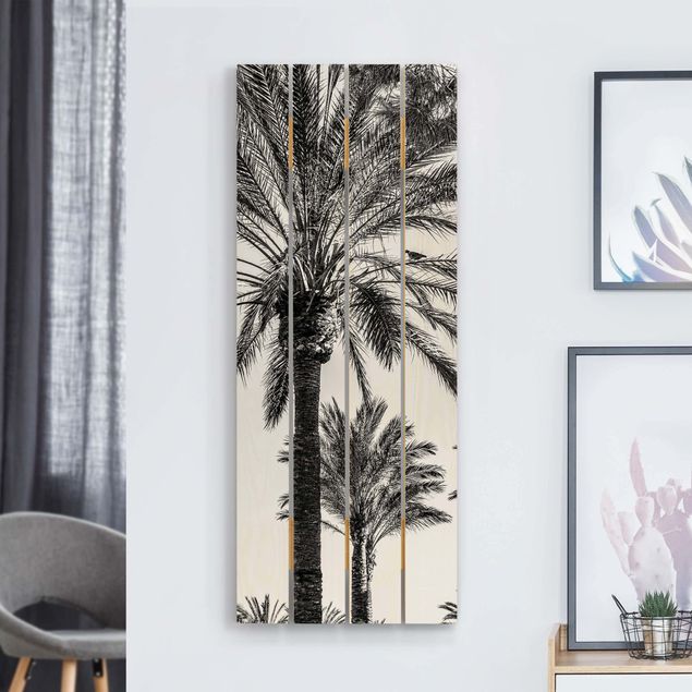 Holzbilder mit Blumen Palmen im Sonnenuntergang Schwarz-Weiß