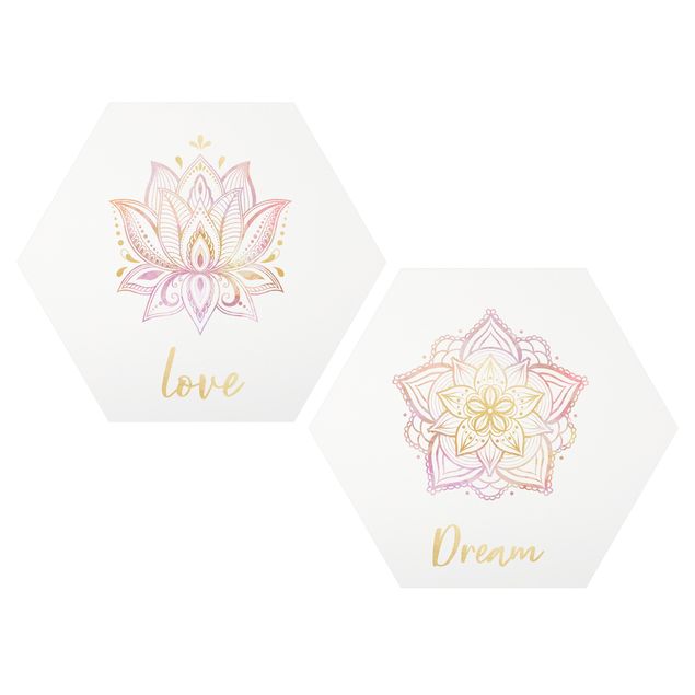 Hexagon Bild Forex 2-teilig - Mandala Dream Love Set Gold Rosa