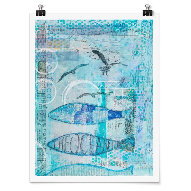 Poster bestellen Bunte Collage - Blaue Fische