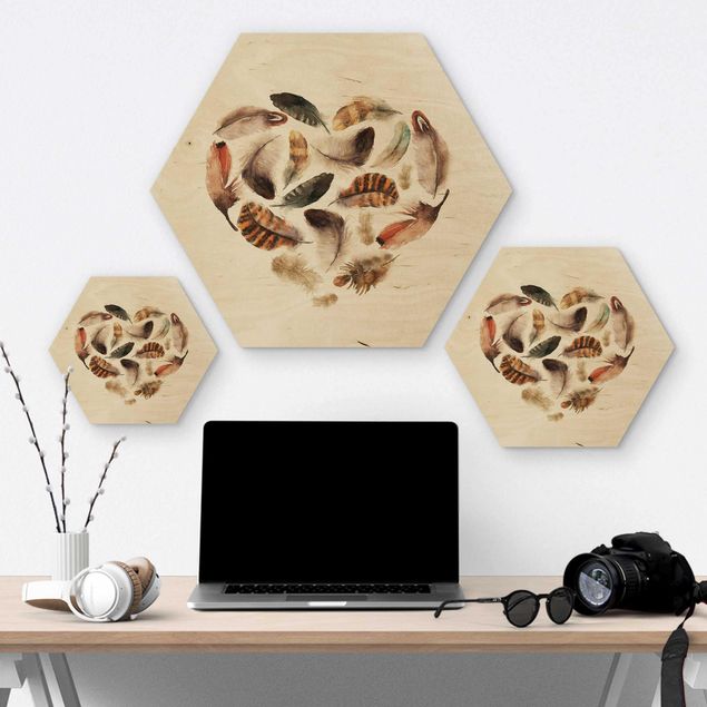 Hexagon Bild Holz - Herz aus Federn