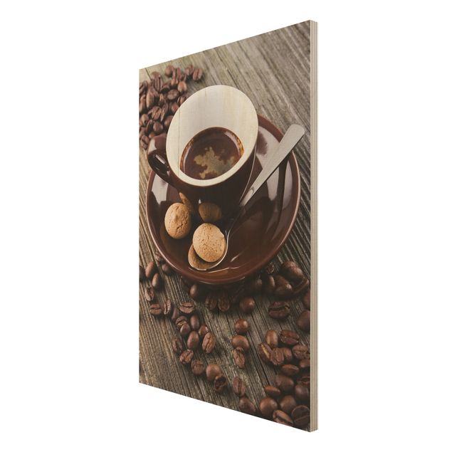 Holzbild - Kaffeetasse mit Kaffeebohnen - Hochformat 3:2