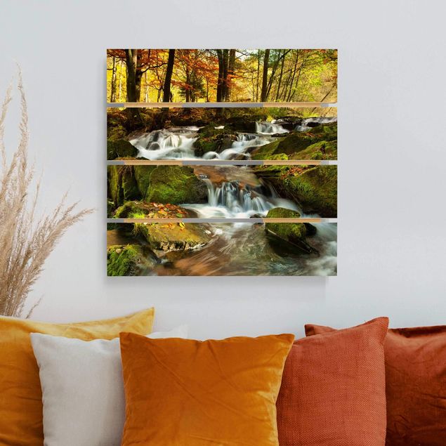 Holzbilder Landschaften Wasserfall herbstlicher Wald