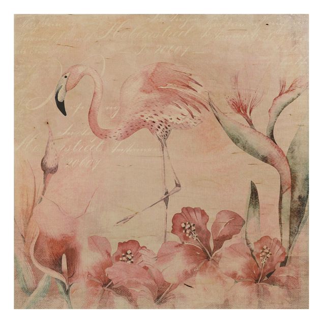 Holzbilder mit Blumen Shabby Chic Collage - Flamingo