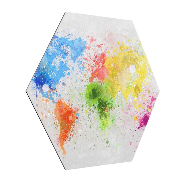 Hexagon Bild Alu-Dibond - Bunte Farbspritzer Weltkarte