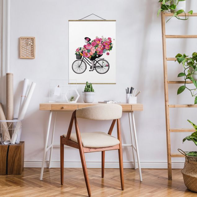 Stoffbilder Illustration Frau auf Fahrrad Collage bunte Blumen