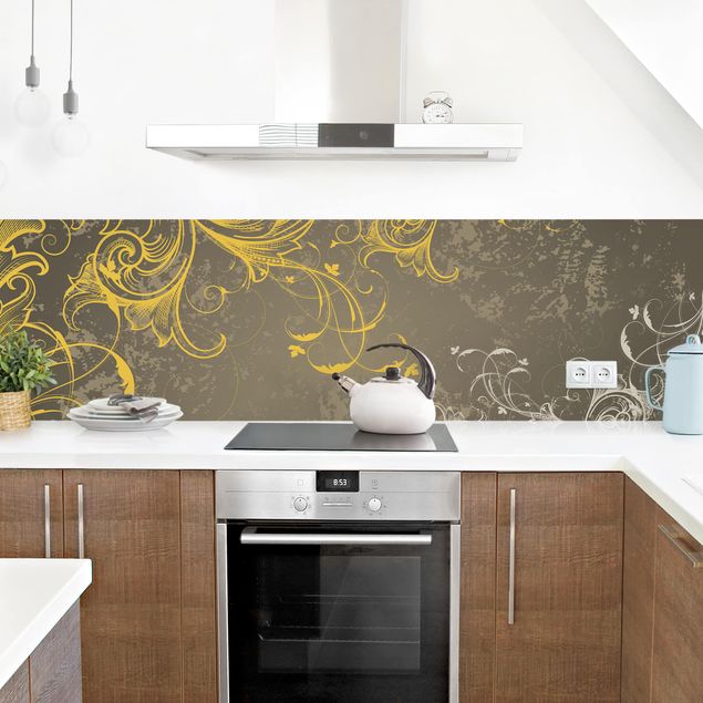Glasrückwand Küche Muster Schnörkel in Gold und Silber