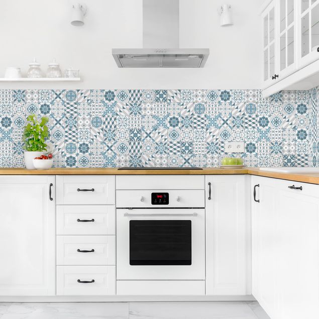 Küchenrückwand Folie Fliesenoptik Geometrischer Fliesenmix Blaugrau