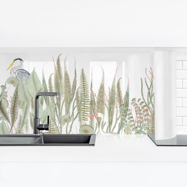 Küchenrückwand Gräser Flamingo und Storch mit Pflanzen