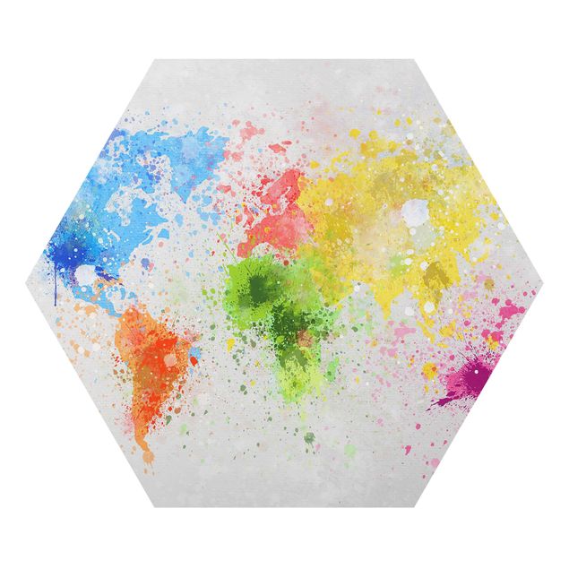 Hexagon Bild Alu-Dibond - Bunte Farbspritzer Weltkarte