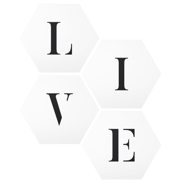 Hexagon Bild Alu-Dibond 4-teilig - Buchstaben LIVE Schwarz Set II