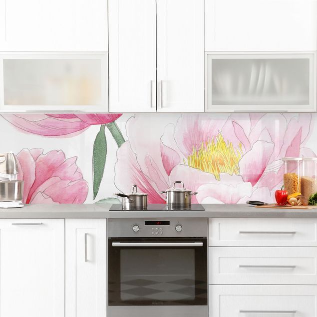Küchenrückwand Gräser Zeichnung Rosa Päonien I