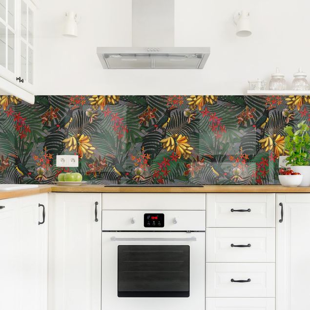 Küchenrückwand Muster Tropische Farne mit Tucan Grün I