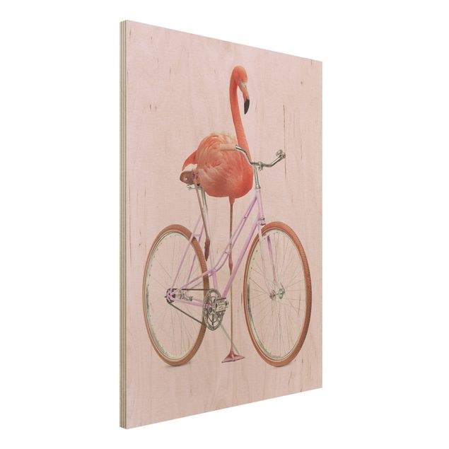 Holzbilder modern Flamingo mit Fahrrad