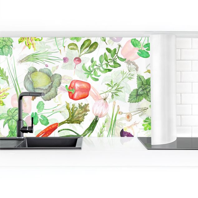 Glasrückwand Küche Muster Gemüse und Kräuter Illustration