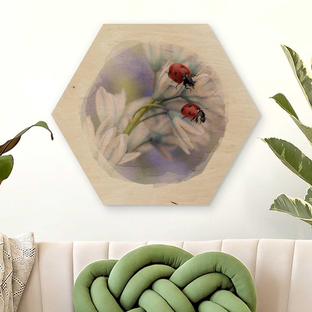 Holzbild Blumen Wasserfarben - Marienkäfer Paar