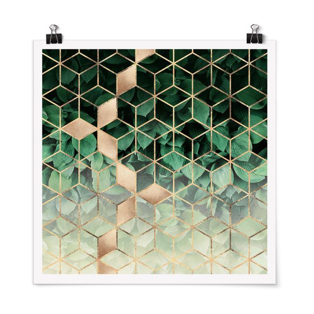 Abstrakte Kunst Poster Grüne Blätter goldene Geometrie