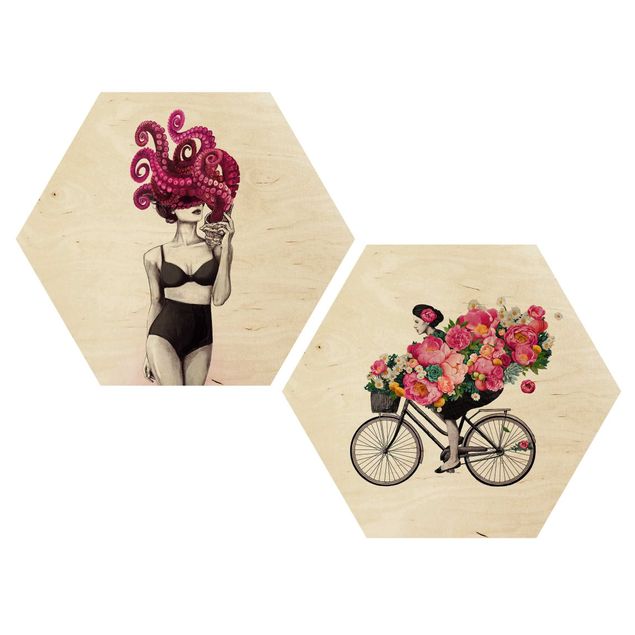 Hexagon Bild Holz 2-teilig - Laura Graves - Frauen Zeichnungen - Floraler Ozean