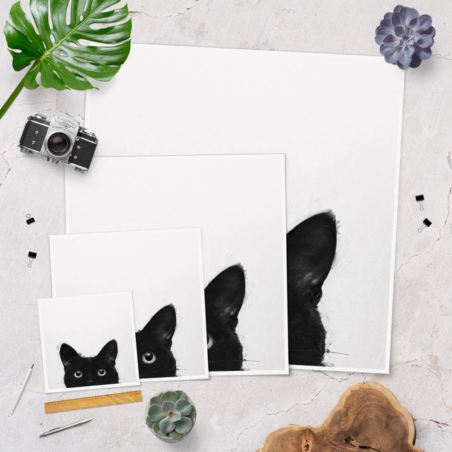 Poster - Illustration Schwarze Katze auf Weiß Malerei - Quadrat 1:1