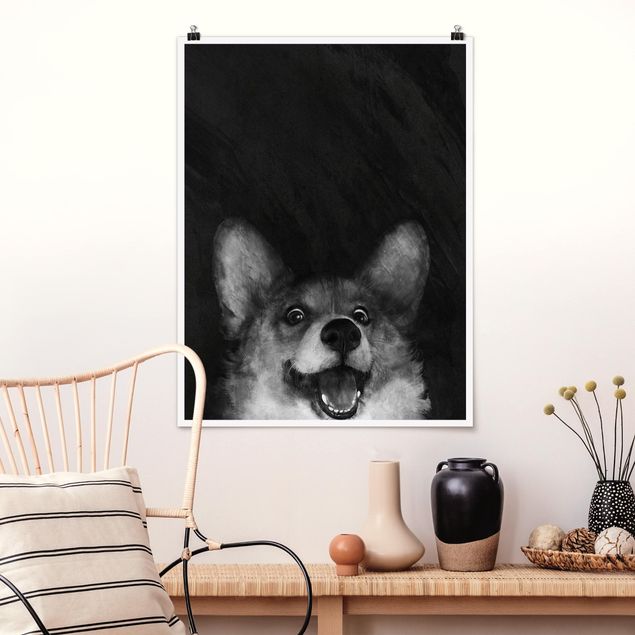 Wandbilder Tiere Illustration Hund Corgi Malerei Schwarz Weiß