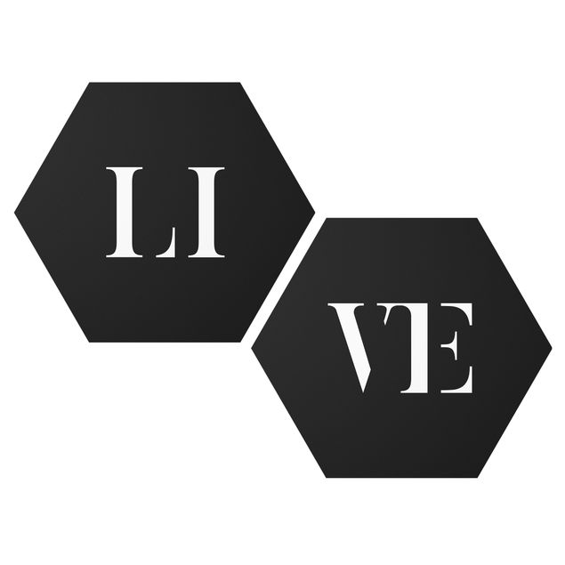 Hexagon Bild Alu-Dibond 2-teilig - Buchstaben LIVE Weiß Set I
