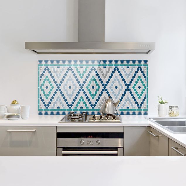 Küchenrückwand Glas Fliesenoptik Marokkanisches Fliesenmuster Türkis Blau
