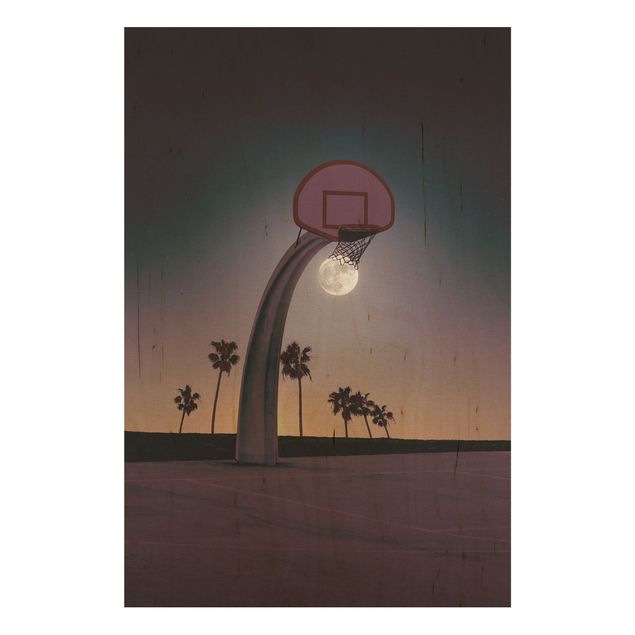 Wandbild Holz Basketball mit Mond