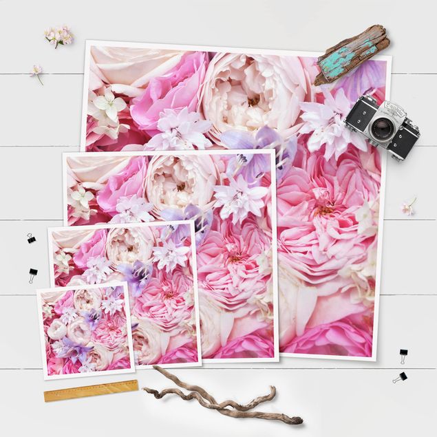 Poster - Shabby Rosen mit Glockenblumen - Quadrat 1:1