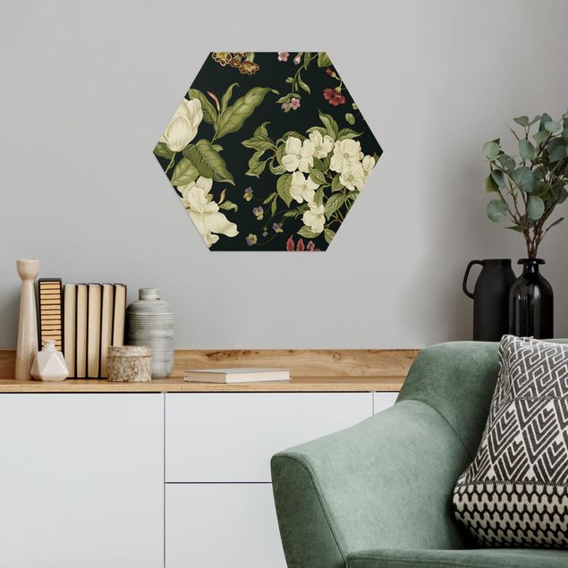 Hexagon Bild Alu-Dibond - Gartenblumen auf Schwarz I