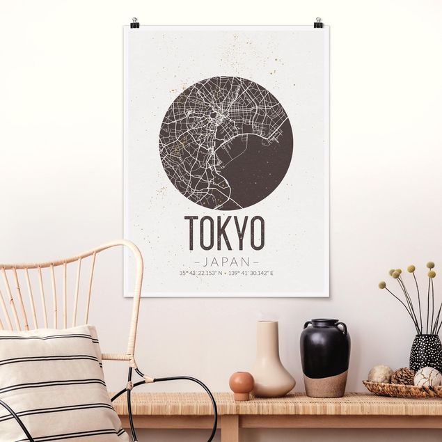 Wandposter Schwarz-Weiß Stadtplan Tokyo - Retro