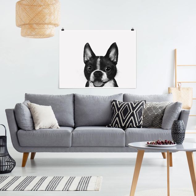 Poster - Illustration Hund Boston Schwarz Weiß Malerei - Querformat 3:4