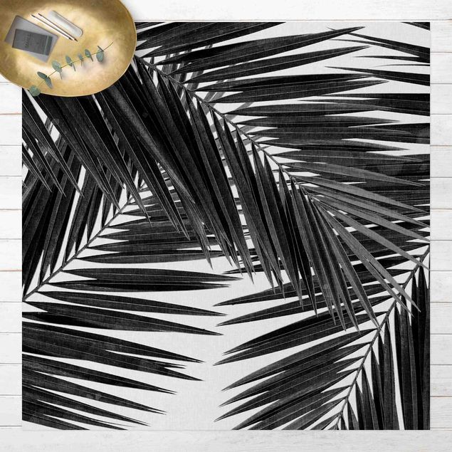 Outdoor Teppich Blick durch Palmenblätter schwarz weiß
