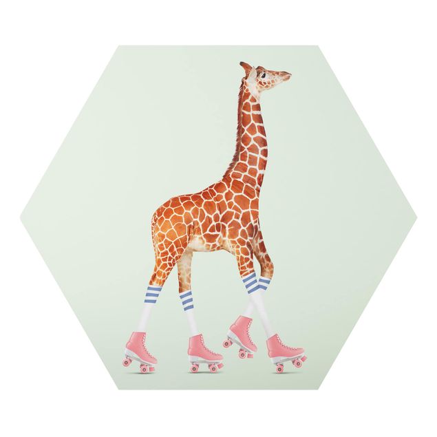 Hexagon Bild Alu-Dibond - Jonas Loose - Giraffe mit Rollschuhen