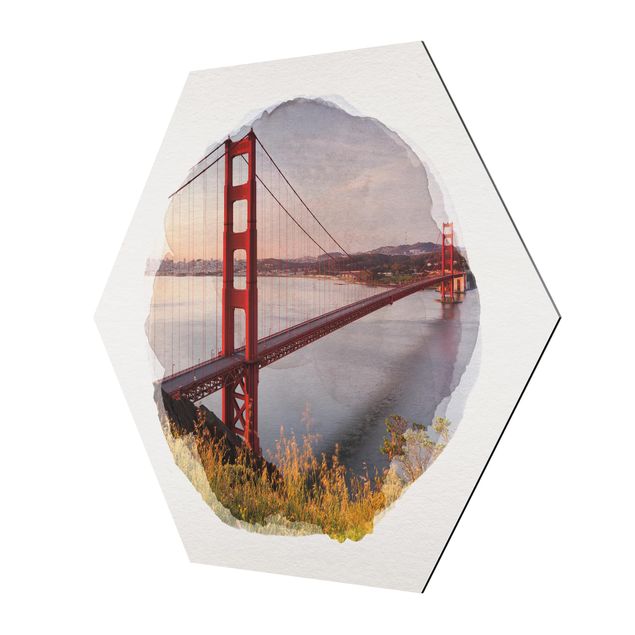 Hexagon Bild Alu-Dibond - Wasserfarben - Golden Gate Bridge in San Francisco