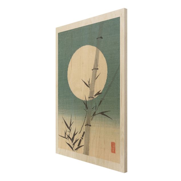 Moderne Holzbilder Japanische Zeichnung Bambus und Mond