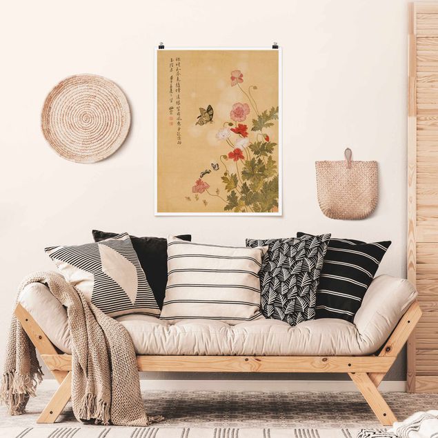 Kunstdrucke Poster Yuanyu Ma - Mohnblumen und Schmetterlinge