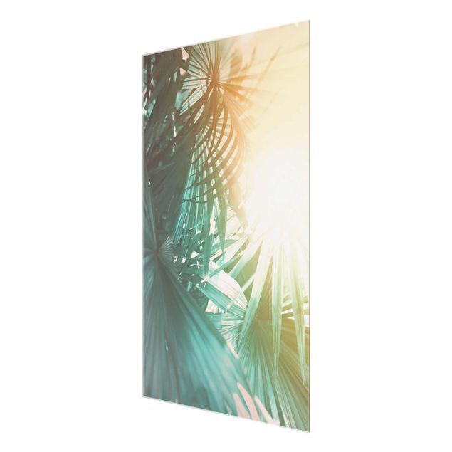 Glasbild - Tropische Pflanzen Palmen bei Sonnenuntergang - Querformat 2:3